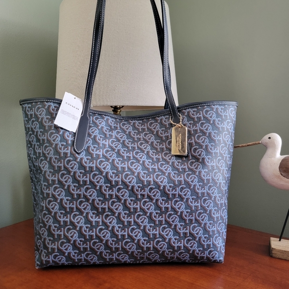 Coach Handbags - Coach CF342 City Tote Shoulder Bag Navy Blue Monogram Coated Canvas Leather NWT